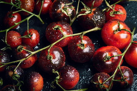 Group of fresh picked cherry on branch. Top view black kumato tomatoes with water dropsの写真素材