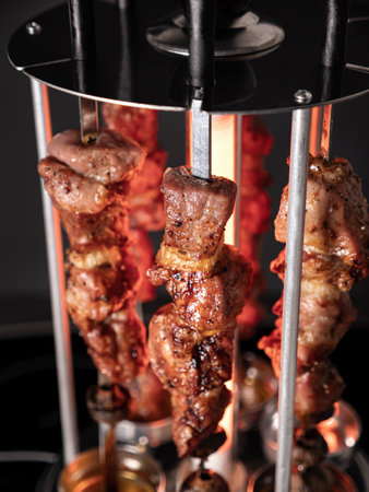 Cooking pork kebab in electrical barbecue on skewers. Nobodyの写真素材