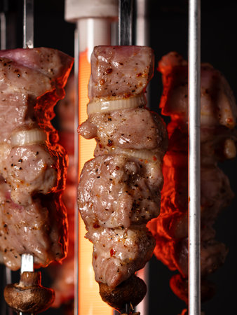 Cooking pork kebab in electrical barbecue on skewers. Nobodyの写真素材