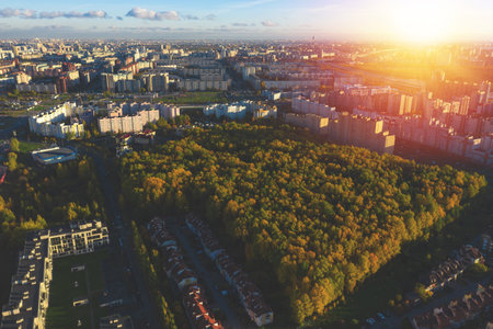 Autumn city aerial panorama view from drone. Fall nature. Nobodyの写真素材