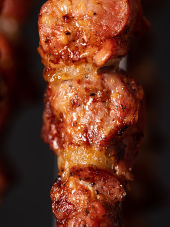 Cooking pork kebab in electrical barbecue on skewers. Nobodyの写真素材