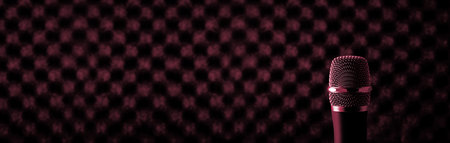 Wireless microphone closeup on foam rubber acoustic treatment background. long banner. Viva Magenta color of the year 2023の写真素材