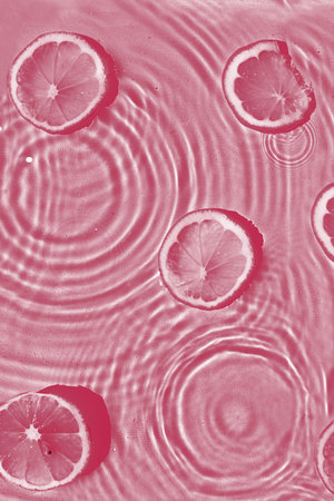 Abstract water texture with wet lemon slices, surface with drops, rings and ripple. Flat lay, top view, skin care or food background with copy space. Viva Magenta color of the year 2023の写真素材
