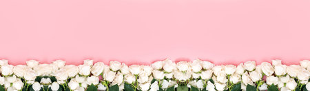 Botanical floral holiday card mockup, white roses flat lay. Viva Magenta color of the year 2023の写真素材