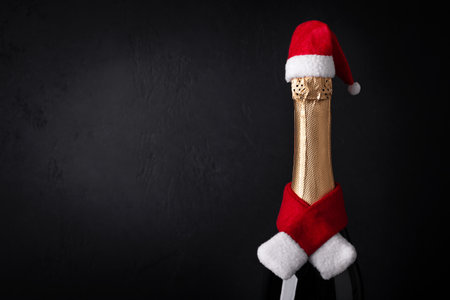 Champagne bottle wearing christmas hat and red knitting scarf on black background. new year celebrationの写真素材