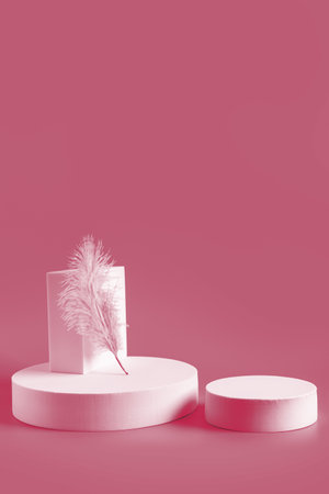 Background for branding, cosmetics on white geometric podium. Empty platform for product advertising and presentation. Viva Magenta color of the year 2023の写真素材