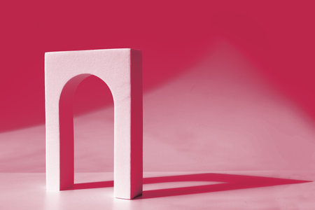 Podium display for product presentation. Abstract trendy minimal template stage. Viva Magenta color of the year 2023の写真素材