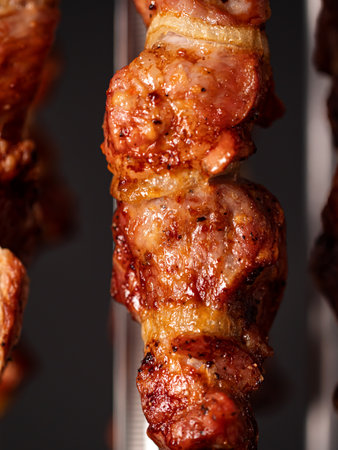 Cooking pork kebab in electrical barbecue on skewers. Nobodyの写真素材