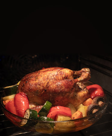 Cooking whole chicken and vegetables in the oven. Baking dinner for holiday celebrationの写真素材