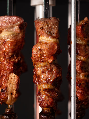 Cooking pork kebab in electrical barbecue on skewers. Nobodyの写真素材