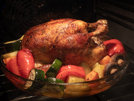 Cooking whole chicken and vegetables in the oven. Baking dinner for holiday celebrationの写真素材
