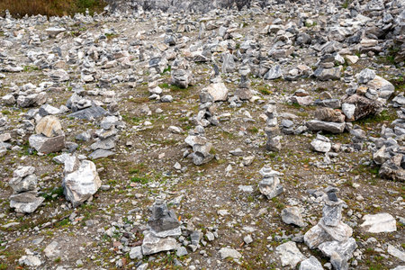 Stone Cairn in Ruskeala park, a lot of stack of stones at marble karelian quarryの写真素材