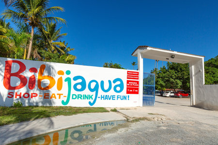 PUNTA CANA, DOMINICAN REPUBLIC - January 27, 2022: Entrance to the beach with color illustration Playa Bibijagua, Dominican Republicのeditorial素材