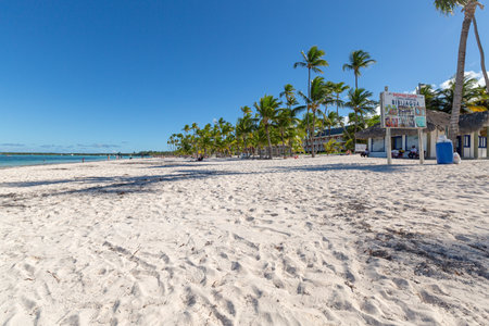 PUNTA CANA, DOMINICAN REPUBLIC - January 27, 2022: Beautiful beach with Atlantic ocean, caribbean travel destinations for tourists, playa Bibijagua, Bavaroのeditorial素材