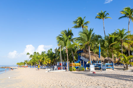 DOMINICAN REPUBLIC, BAYAHIBE - DECEMBER 16 2021: Dominicus beach and Caribbean sea at La Romana, travel destination. Getaway for touristsのeditorial素材