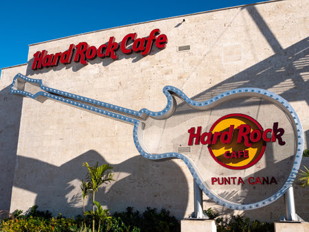 BAVARO, PUNTA CANA, DOMINICAN REPUBLIC - 28 JANUARY 2022: Exterior view of The Hard Rock Cafe in Punta Cana. It is a famous restaurant chain in the worldのeditorial素材