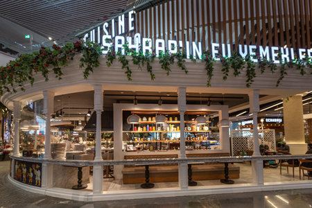 ISTANBUL, TURKEY - April 11th, 2022: Restaurants and bars inside Istanbul Airport's terminal mall, selective focusのeditorial素材