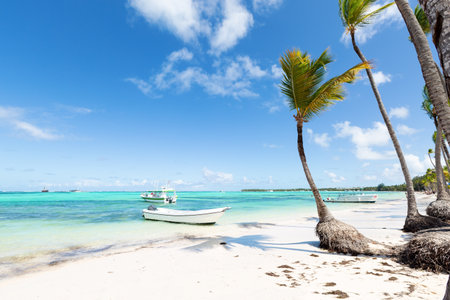 Fishing boat at Bavaro beach in sunny day with calm Atlantic ocean and white sandy shore, Dominican republic. selective focusの写真素材