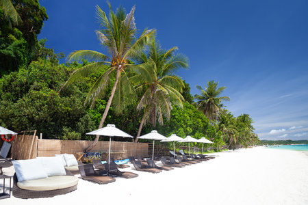 Sun umbrellas and beach chairs on tropical beach with palm trees, Boracayの写真素材