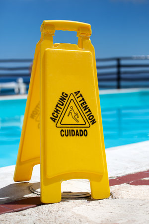 Wet floor warning sign near a swimming pool at poolside. Nobodyの写真素材