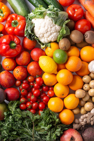 A lot of different fruits and vegetables, organic food background, nutrition for a healthy diet and detoxの写真素材