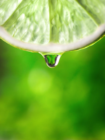 Lime juice dropping down on green background. Macro