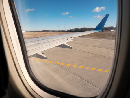 Airplane is taking off. Air View from plane window. Travel and transport concept. Nobodyの写真素材
