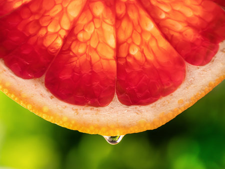 Grapefruit juice dropping down on green background. Macroの写真素材
