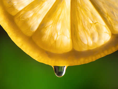 Lemon juice dropping down on green background. Macroの写真素材