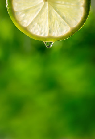 Lime juice dropping down on green background. Macroの写真素材