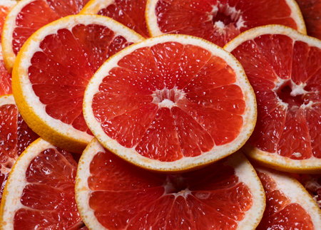 grapefruit slices. Close up fruit background. Nobodyの写真素材