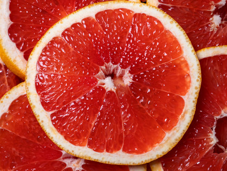 grapefruit slices. Close up fruit background. Nobodyの写真素材