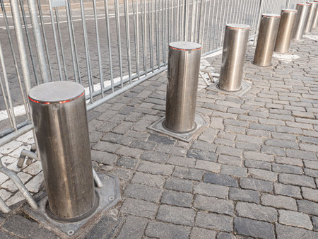 Stainless steel barrier protection posts in the street. Transport control system. Nobodyの写真素材