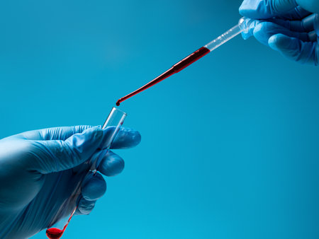 Pipette drip red liquid drops into laboratory test glass tubes, nobody. close upの写真素材