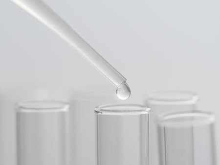 Pipette drip drops into laboratory test glass tubes, nobody. Closeupの写真素材