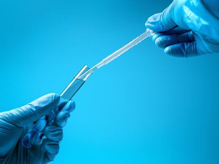 Pipette drip drops into laboratory test glass tubes, nobody. Closeup. Blue toneの写真素材