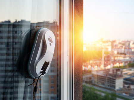 Smart vacuum cleaner washing windows. Home appliance and technology concept. Sunset with sun lightsの写真素材