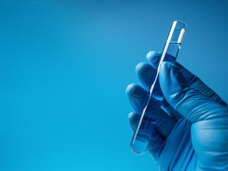 Hand in blue gloves holding laboratory test glass tube. Closeupの写真素材