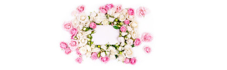 Blank note paper decorated flowers frame, white and pink roses with mockup card, top viewの写真素材