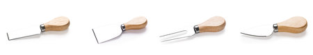 Cheese knives isolated on white background. Closeup collageの写真素材