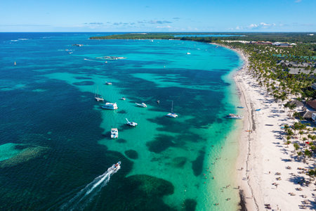 Tropical coastline with resorts, palm trees and Caribbean sea. Travel destinations. Dominican Republic. Aerial viewの写真素材