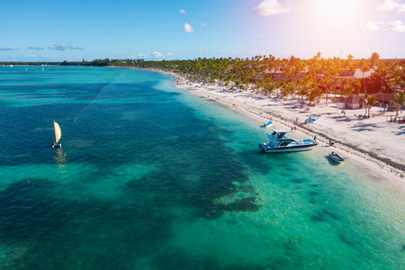 Tropical coastline with resorts, palm trees and Caribbean sea. Travel destinations. Dominican Republic. Aerial viewの写真素材