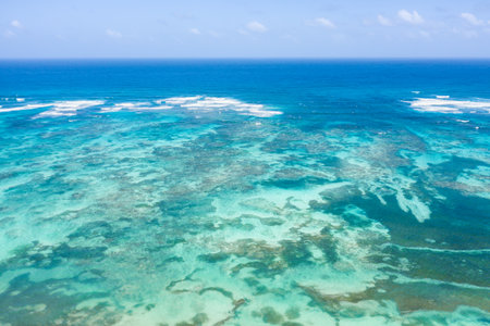 Atlantic ocean with reef and azure water, tropical destinations. Caribbean nature. Aerial viewの写真素材