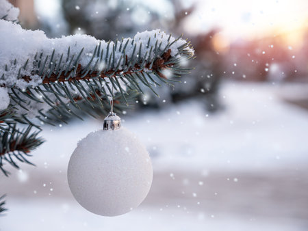 New year ball on snowy pine tree branch with snow. Christmas decoration. Winter holidays. Outdoorsの写真素材
