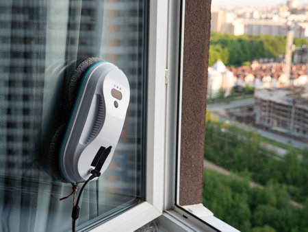 Vacuum cleaner washing windows. Home appliance and technology conceptの写真素材