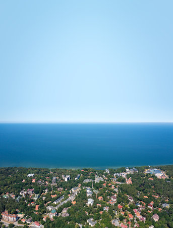 Baltic sea coastline with Svetlogorsk town. Aerial view from droneの写真素材