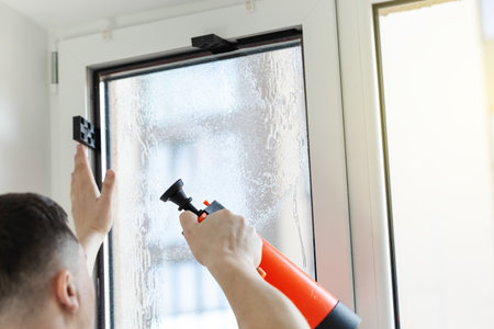Repairman wrapper tinting a window with tinted film using foggy spray, focus on tool. Process of professional installation protective glass foil.の写真素材