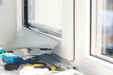 Fitting process of sun film to window. Professional installation of glass tinted filter indoor, shallow depth, focus on foil. Ultraviolet and energy affinity concept.の写真素材