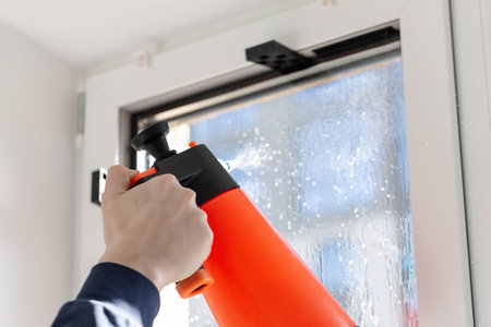Repairman wrapper tinting a window with tinted film using foggy spray. Process of professional...