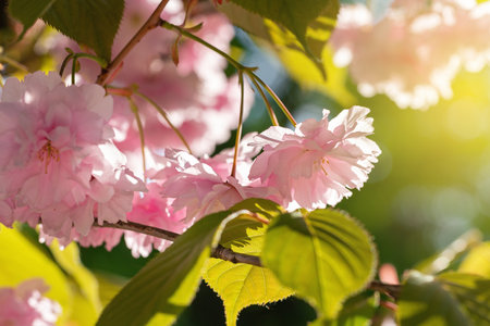 Blooming almond tree with pink flowers and sun rays, macro, spring season background.の写真素材